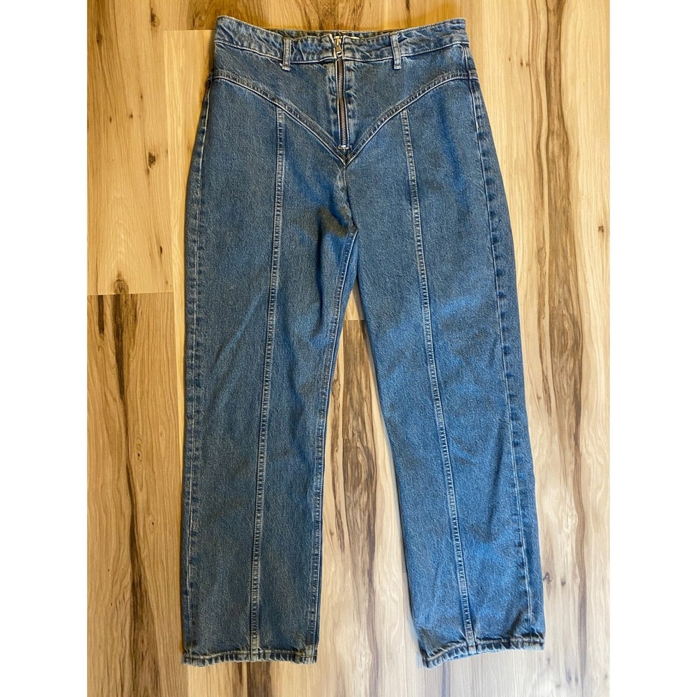 Zara Seamed Costuras High-Rise Straight Leg Jeans Blue Denim USA 10
